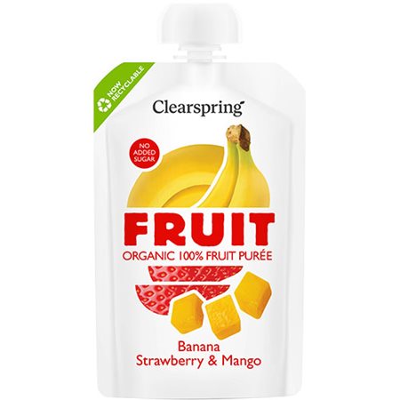 Banan, jordbær & mango frugtpuré Ø